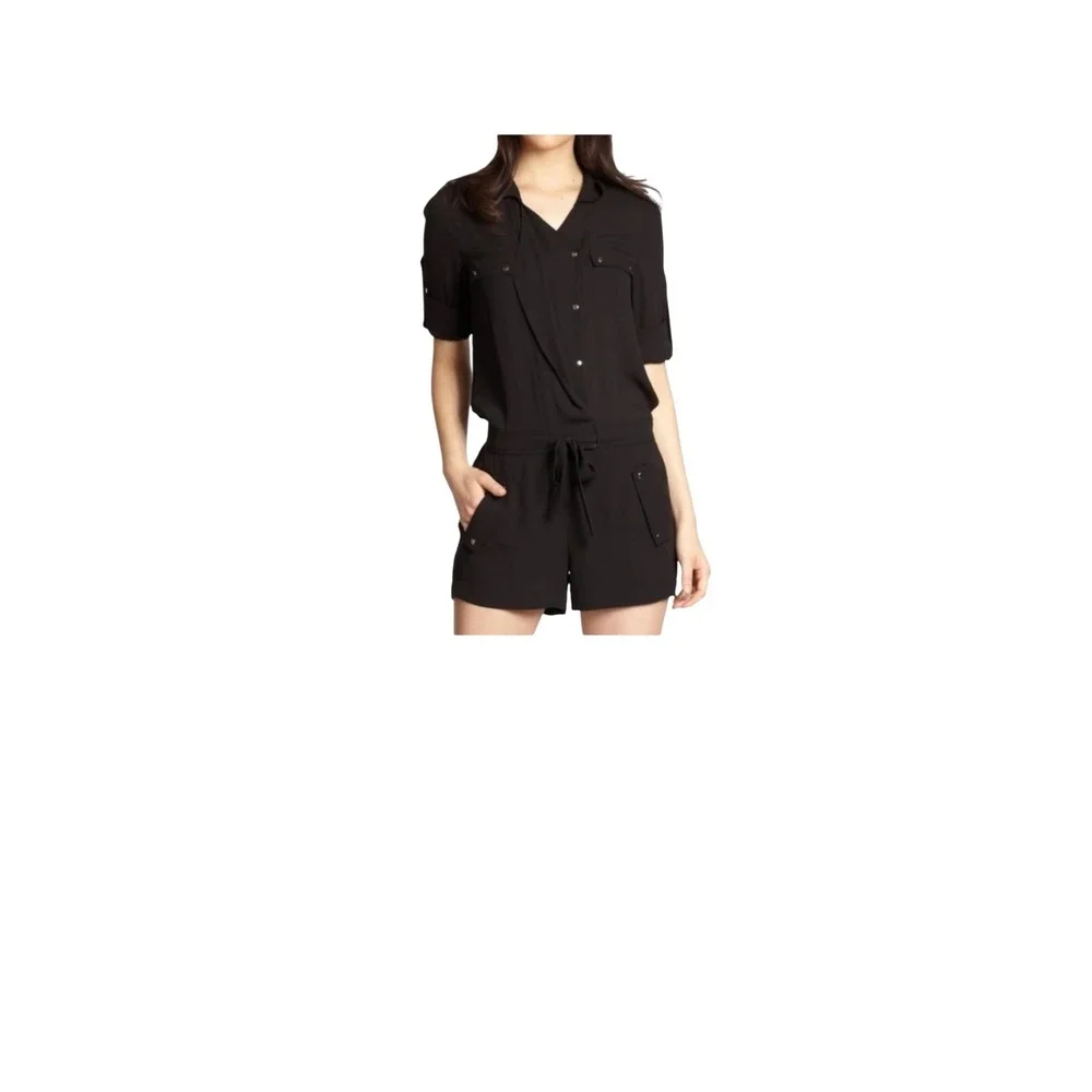 BCBGMAXAZRIA Black Utility‎ Romper Button Down Drawstring Waist Career Casual